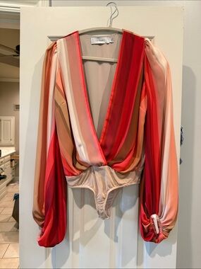 Striped Red Multi V-Neck Long Sleeve Bodysuit by Iorane